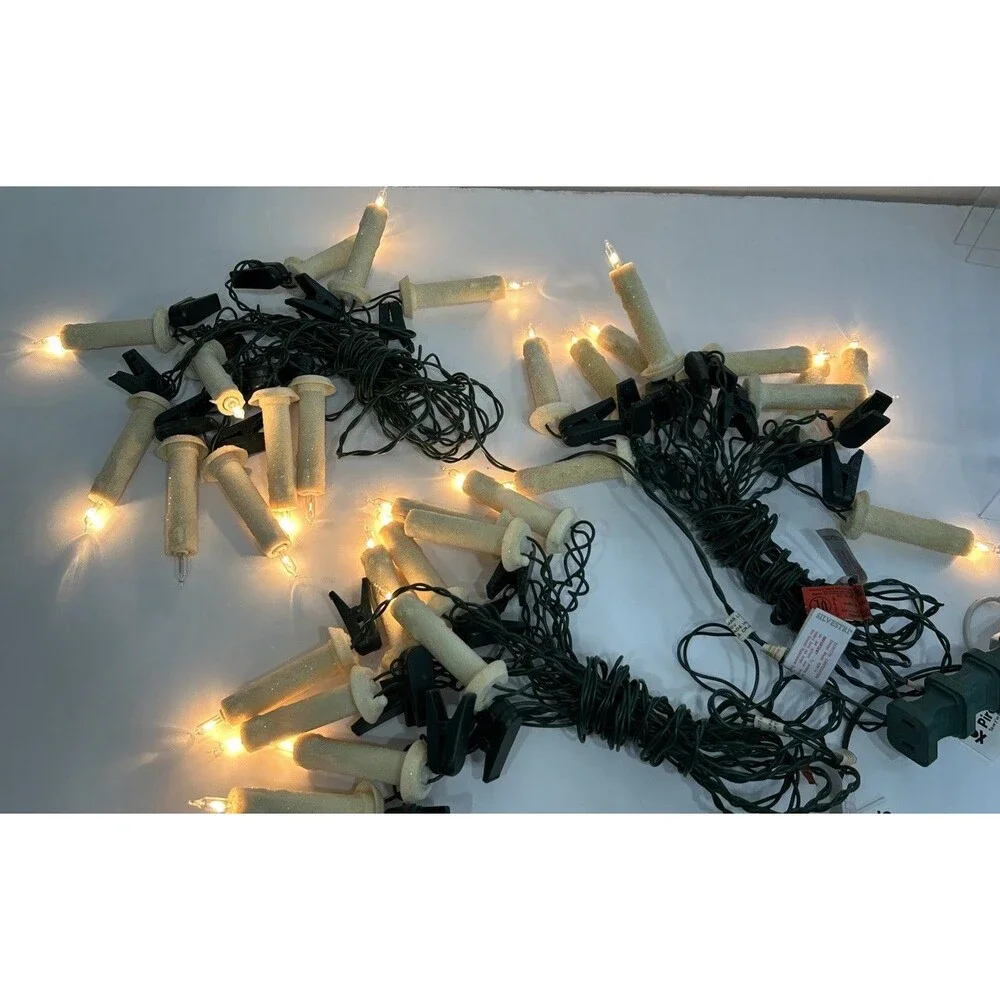 3 Set Clip On Candle Christmas String Lights 10 Each String Flocked Glitter READ